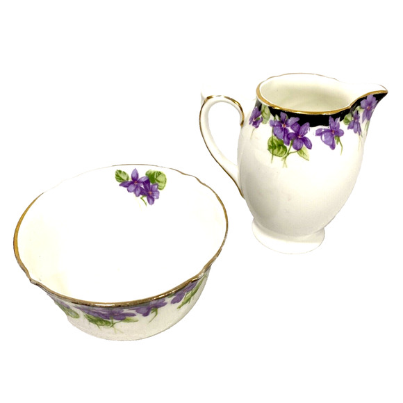 Royal Doulton Open Sugar Bowl & Creamer Violets Motif Set Made in England 1930 - Picture 10 of 13
